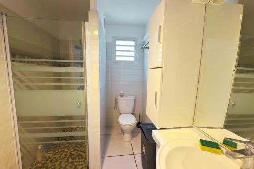 a bathroom with a toilet and a shower and a sink at Villa Karo Coco in Saint-Leu