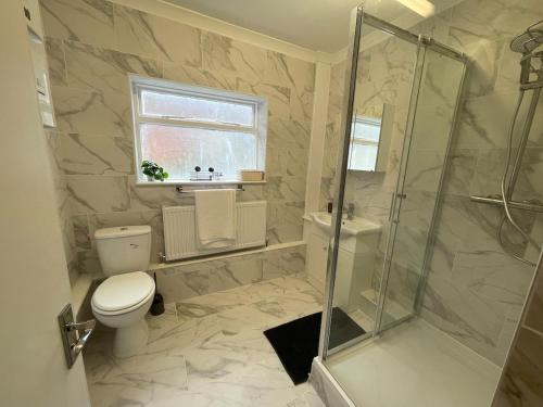 a bathroom with a toilet and a shower at Livingwell Home in Gravesend
