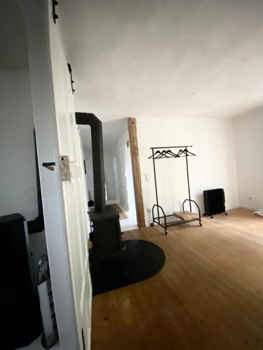 an empty room with a wood stove in it at Uriges Apartment 60qm in einem alten Häuschen am Waldrand - 10km bis Würzburg in Reichenberg