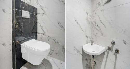 zwei Bilder eines Badezimmers mit Toilette und Waschbecken in der Unterkunft Hotel matra kripa in Ujjain