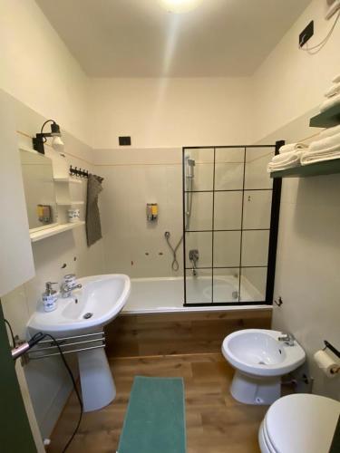 a bathroom with a sink and a shower and a toilet at Il Sole di Ester in Branzi