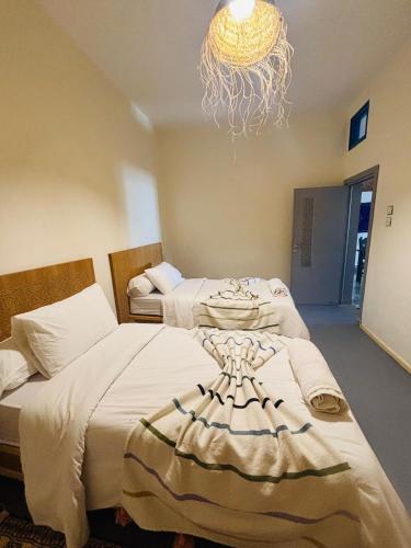 2 Betten in einem Schlafzimmer mit Kronleuchter in der Unterkunft Sunrise Camp in Mirleft