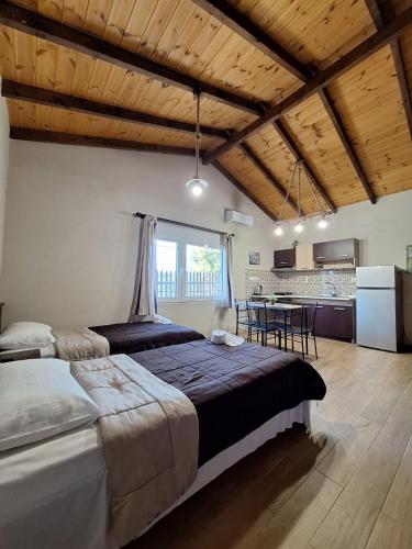a large bedroom with a large bed and a kitchen at Mulberry Apartment in Skala Marion