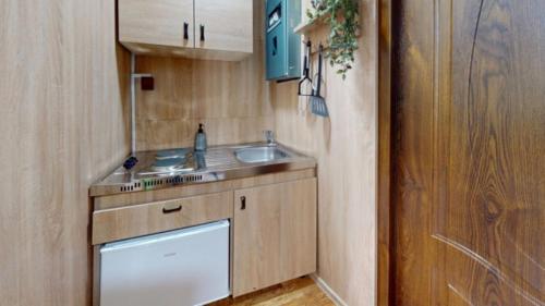 una pequeña cocina con fregadero y lavavajillas en Chalmová CHATA 27, en Bystričany