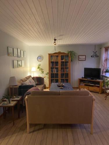 a living room with a couch and a table at Hyggeligt byhus i Marstal in Marstal