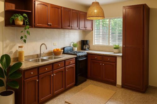 een keuken met houten kasten en een spoelbak bij Relaxing and Serene Guest Room in Cancino