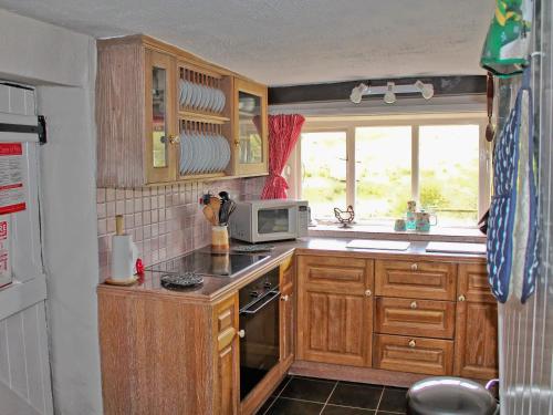 a kitchen with wooden cabinets and a microwave at Elm Cottage in Beckermonds