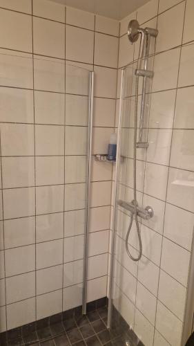 a shower with a hose in a tiled bathroom at ArcticStay Economy in Pajala