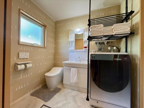 een kleine badkamer met een wastafel en een toilet bij The Lobs 2, Rusutsu, Yotei view, 8 mins to Rusutsu in Kimobetsu