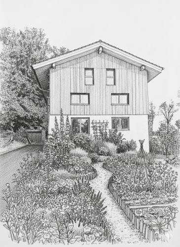 a drawing of a garden in front of a house at Mitteraubach in Jandelsbrunn