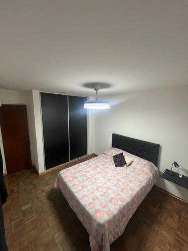Un dormitorio con una cama en una habitación con techo. en Depto 39, en La Plata