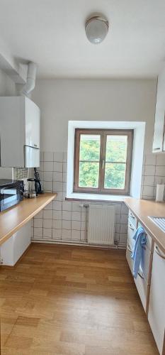 cocina con electrodomésticos blancos y ventana grande en Loft Klagenfurt, en Klagenfurt