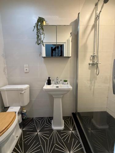 ein Badezimmer mit Waschbecken, Toilette und Spiegel in der Unterkunft Chambre Le Phare - Villa Les Embruns - à 5min à pied de Nausicaa, plage, centre Ville - Côte d'Opale in Boulogne-sur-Mer