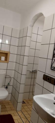 a bathroom with a sink and a toilet at Riad La Belle Vue in Boumalne