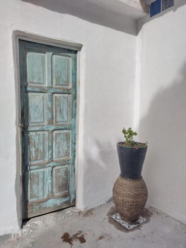 a vase with a plant in front of a door at Casa Edelmira Apartment in Vallehermoso