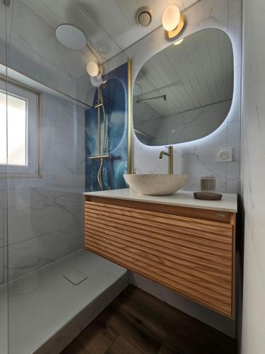 a bathroom with a sink and a mirror at Gîte "Hawaï", avec parking securisé in La Roche-sur-Yon