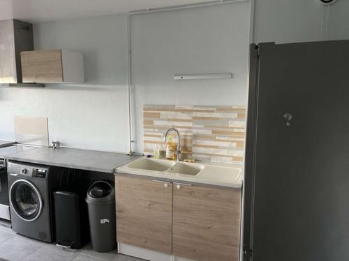 een keuken met een spoelbak en een wasmachine bij Appartement spacieux 4 personnes in Charleville-Mézières