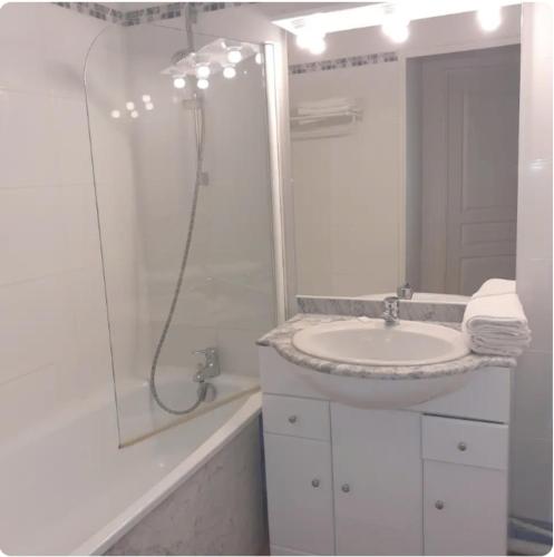une salle de bain blanche avec lavabo et douche dans l'établissement Hourquette, à Bagnères-de-Bigorre