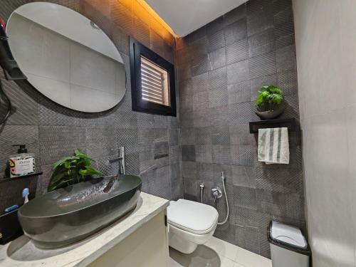 a bathroom with a sink and a toilet and a mirror at Le Jasmin Appartement in Dar el Haj Ahmed Souid