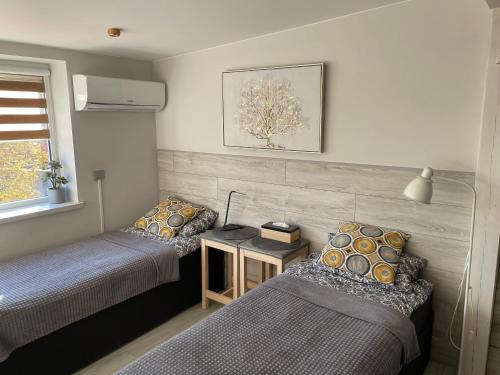 クライペダにあるKanto studijaのベッド2台とテーブルがある部屋