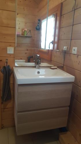a bathroom with a sink and a mirror at Chalet L' Aventurière in Masevaux