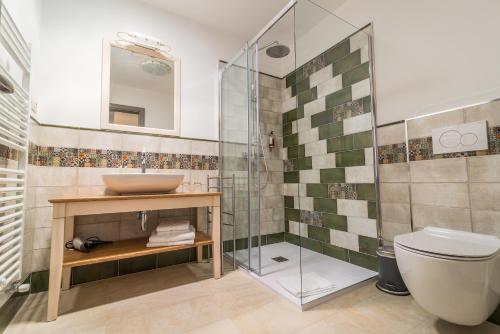 a bathroom with a shower and a sink and a toilet at Casa Krasna Gourmet Boutique Hotel in Lokev