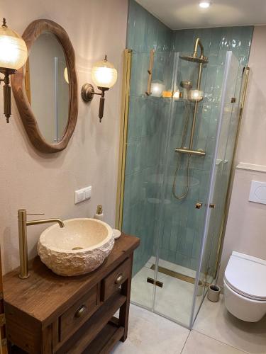 a bathroom with a sink and a glass shower at Ruhige Hütte mit toller Aussicht in Dammbach
