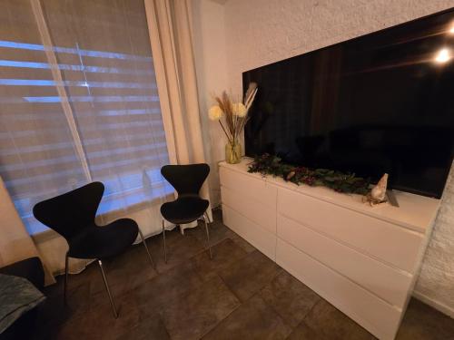 a living room with two chairs and a large television at Stay Rijn Tolkamer in Tolkamer
