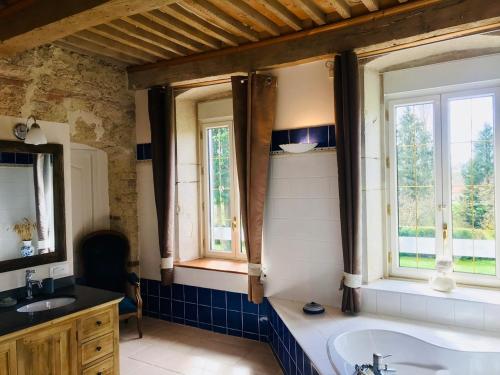 a bathroom with a sink and a tub and two windows at Domaine du Manoir in Les Avenières
