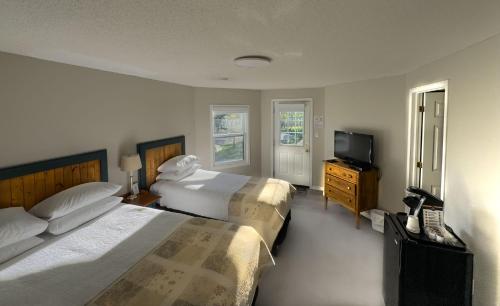 Una habitación de hotel con dos camas y un televisor. en Lóyly Spa Guesthouse, en Ottawa
