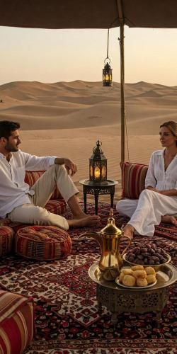 a man and woman sitting on couches in the desert at Desert rose in Al Jafr