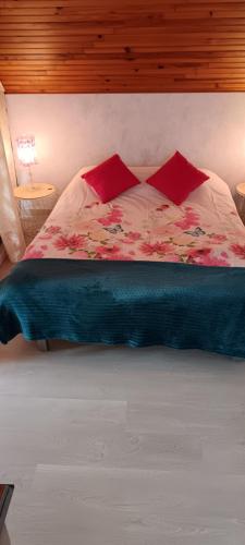 a bed with red pillows and a blue blanket on it at chambre d'hôte la maison verte in Séglien