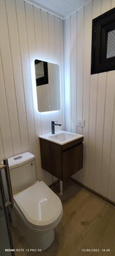 a bathroom with a white toilet and a sink at Cabañas Limonares de Olmué in Olmué