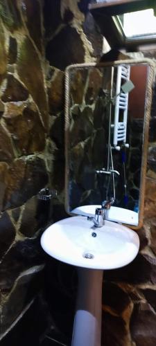 a bathroom with a white sink and a stone wall at Villa Maxi Likani in Borjomi