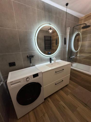 a bathroom with a sink and a mirror at Fochyn House in Krivorovnya