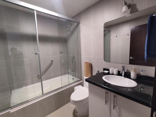 ein Badezimmer mit Dusche, Toilette und Waschbecken in der Unterkunft The Poet's Apartment in La Paz