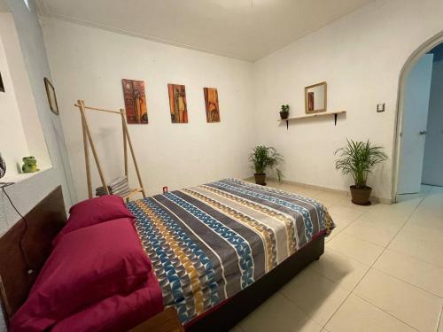 a bedroom with a bed and paintings on the wall at Amatlan in Mexico City