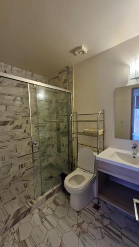 ein Badezimmer mit Dusche, Toilette und Waschbecken in der Unterkunft Departamento en Angelópolis in El Gallinero