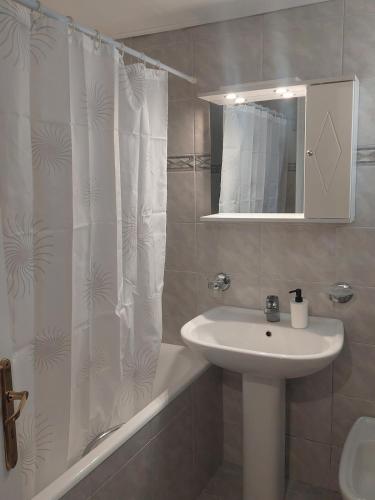 a bathroom with a sink and a shower curtain at Santa Marina 9 In the center of Ioannina! in Ioannina