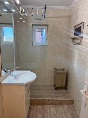 een badkamer met een witte wastafel en een douche bij Apartament Str Crinului Cluj in Cluj-Napoca