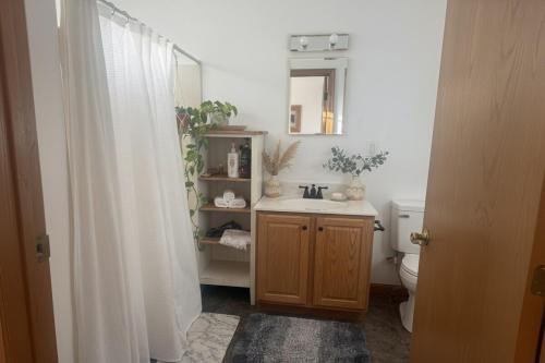 a bathroom with a sink and a toilet and a mirror at Blue Bird Chalet 5BR with Sauna near Skiing in East Chatham