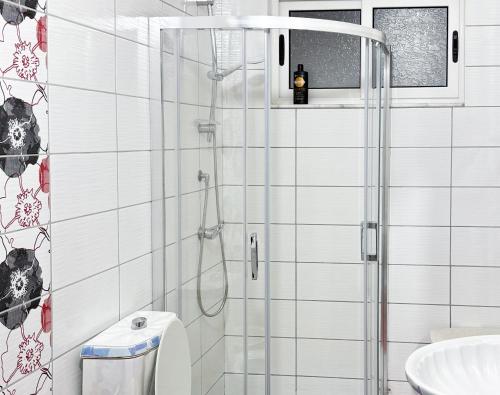a white bathroom with a shower and a toilet at Gjuhadol stay by Marina in Shkodër