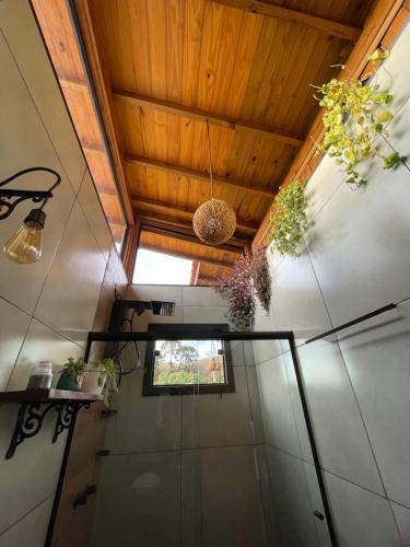 a bathroom with plants hanging from a wooden ceiling at Chalé Alecrim in Córrego do Bom Jesus