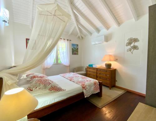 a bedroom with a bed with a mosquito net at Villa Cézanne in Sainte-Rose
