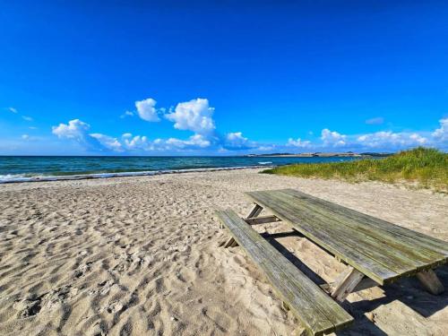 Knebelにある6 person holiday home in Knebelの海辺の浜辺に座る木製ベンチ