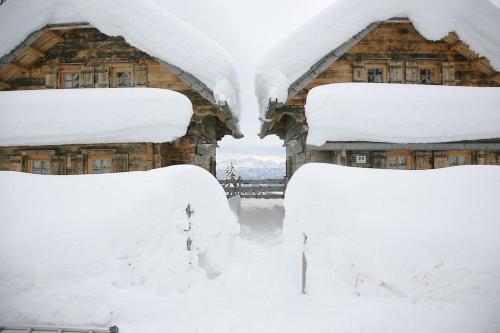 a group of snow covered chairs in front of a cabin at Alpine-Lodges Lisa in Hintersauerwald