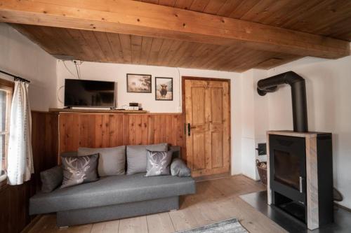 a living room with a couch and a fireplace at Artlieb Hütte in Maschl