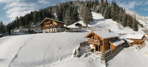 a log cabin on a snow covered hill with trees at Bretei Hüttn in Unterberg