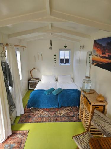 a bedroom with a blue bed and a green floor at Zen Cabin in Mount Maunganui