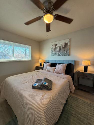 达拉斯1 DT Dallas l FIFA WORLD CUP READY l 5 Min from Downtown的一间卧室配有一张大床和吊扇